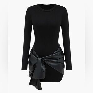 Micas. Black Faux Leather Patchwork Tie Front Round Neck Ruched Mini Dress.